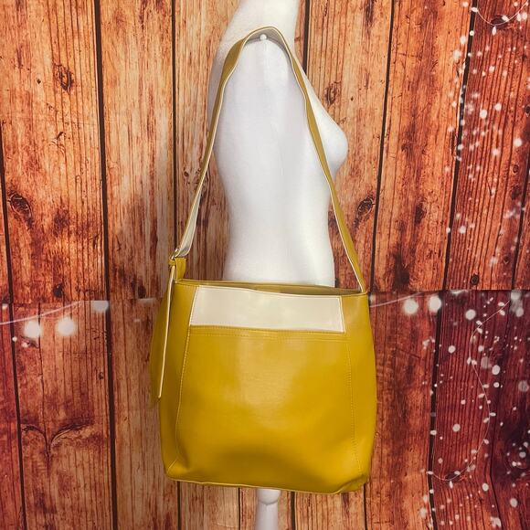 Who What Wear yellow white soft vegan leather shoulder bag tote pockets GUC - Picture 1 of 11